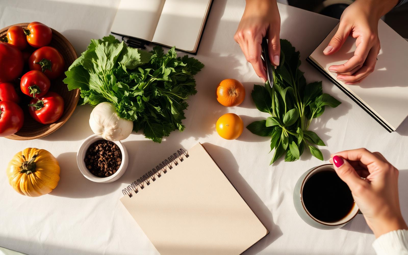 Mesa con verduras frescas, una libreta y una taza de café bajo luz natural cálida