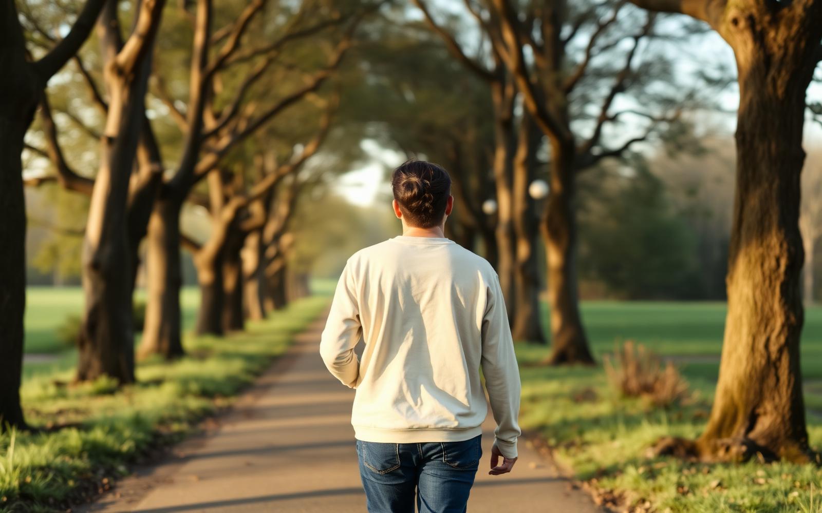 Persona caminando por un sendero arbolado con luz cálida de la mañana